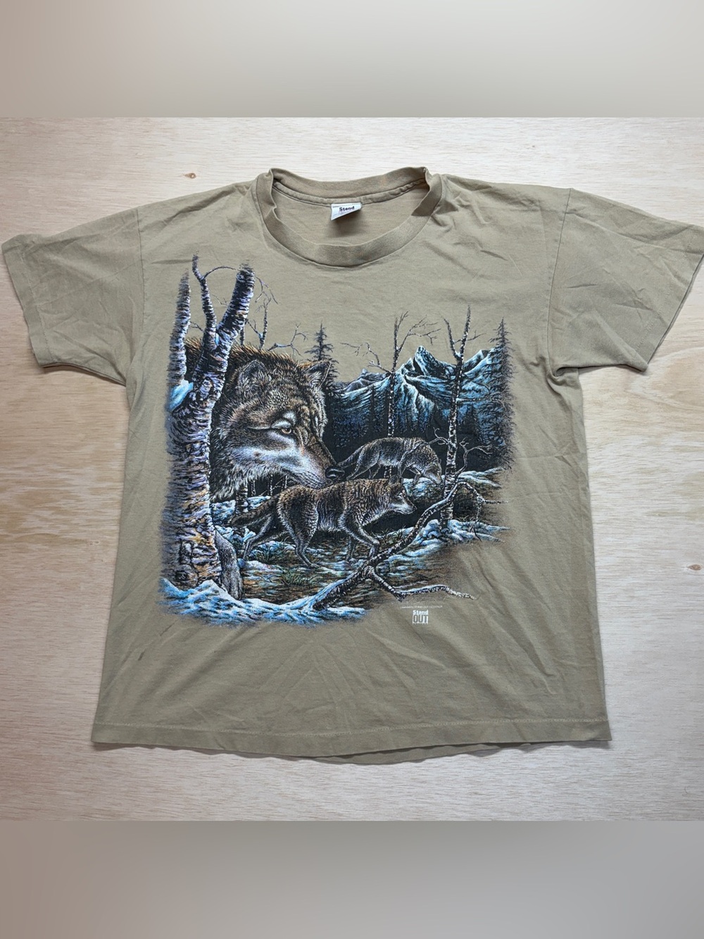 Vtg 90s Stand Out Designs Wolf Graphic T Shirt Mens XL Single Stitch Tan USA